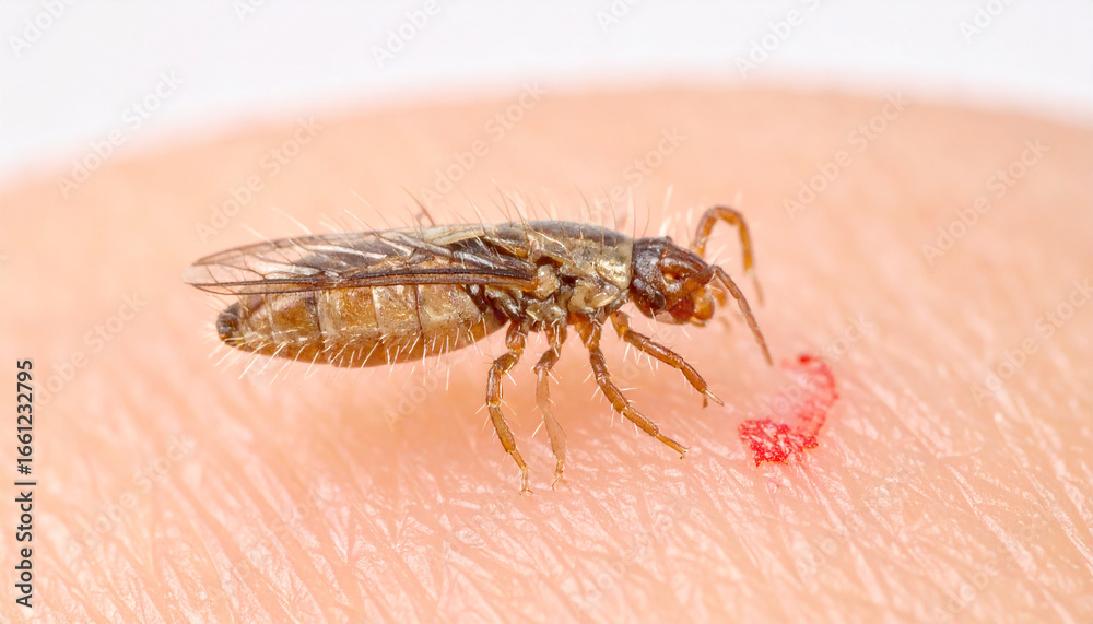 Fototapeta premium Tiny Brown Insect Biting Human Skin, Close-Up View