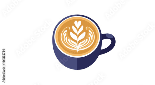 A dark blue coffee cup with beautiful rosetta and heart latte art, viewed from above on a white background.