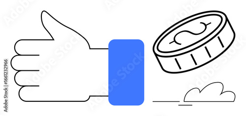 Hand with thumbs-up next to a flying coin, representing financial decisions, rewards, or investment benefits. Ideal for finance, wealth, success, decision-making, approval motivation economic