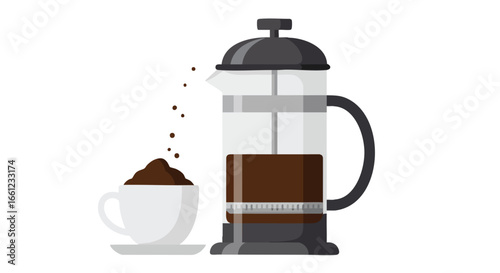 A vector illustration of a French press coffee maker alongside a white cup filled with coffee grounds.