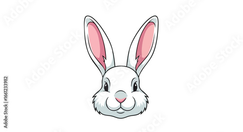 A cute cartoon illustration of a white rabbit's head with long pink ears, isolated on a white background.
