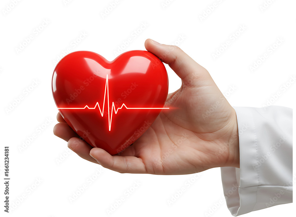 Obraz premium Doctor s hand holding a red heart with electrocardiogram isolated on transparent background