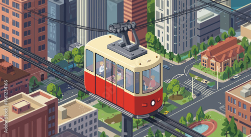 Isometric Cityscape with a Red and Cream Aerial Tramway.