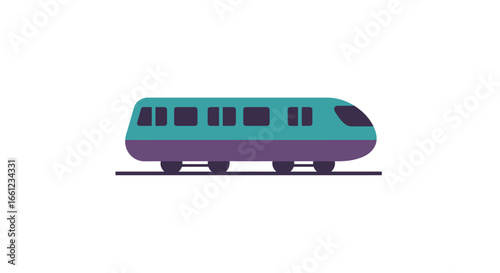 Teal and Purple Modern Train Illustration on Tracks.