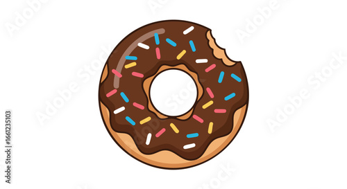 A cartoon illustration of a delicious chocolate frosted donut with colorful sprinkles and a bite taken out of it.