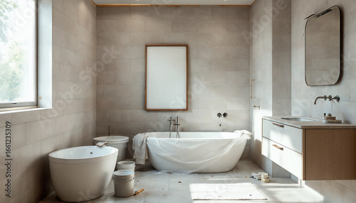 Modern bathroom renovation, unfinished and detailed
