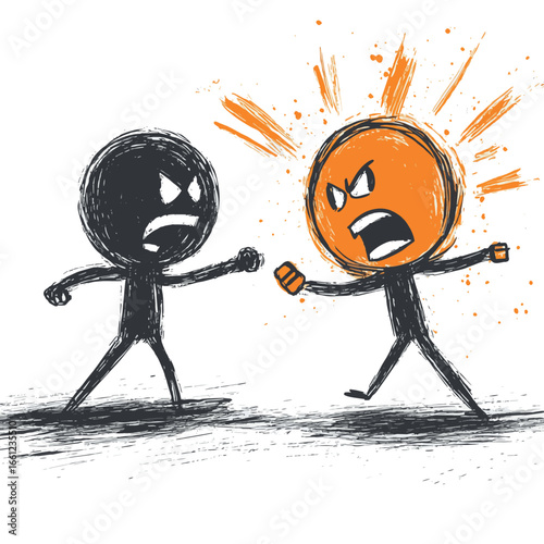 Vector cartoon stick figure drawing conceptual illustration of two angry men arguing or fighting