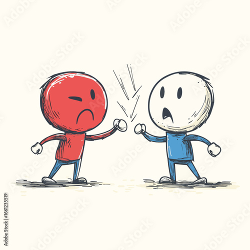 Vector cartoon stick figure drawing conceptual illustration of two angry men arguing or fighting