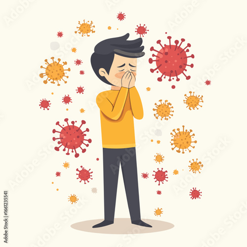 Stick Figure Sneezing with Virus Particles, vector style simple color