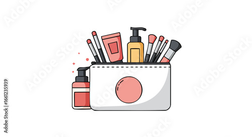 A flat vector illustration of a white cosmetic bag filled with makeup brushes, creams, and lotions for beauty and skincare routines.