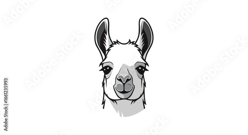 A monochrome graphic illustration of a llama's head, viewed from the front and isolated on a clean white background.