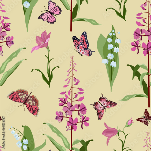 Seamless vector illustration featuring lily of the valley, campanula, and butterflies for use in textiles and packaging.