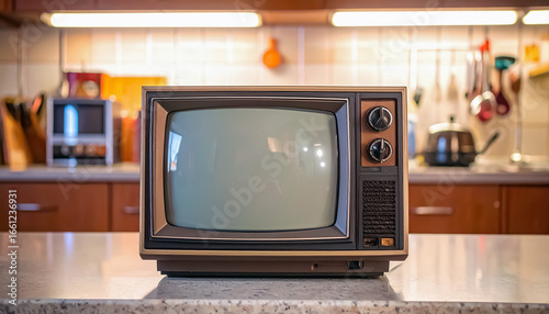 Vintage CRT TV Close-Up with Curved Glass Screen and 90s Kitchen Blur