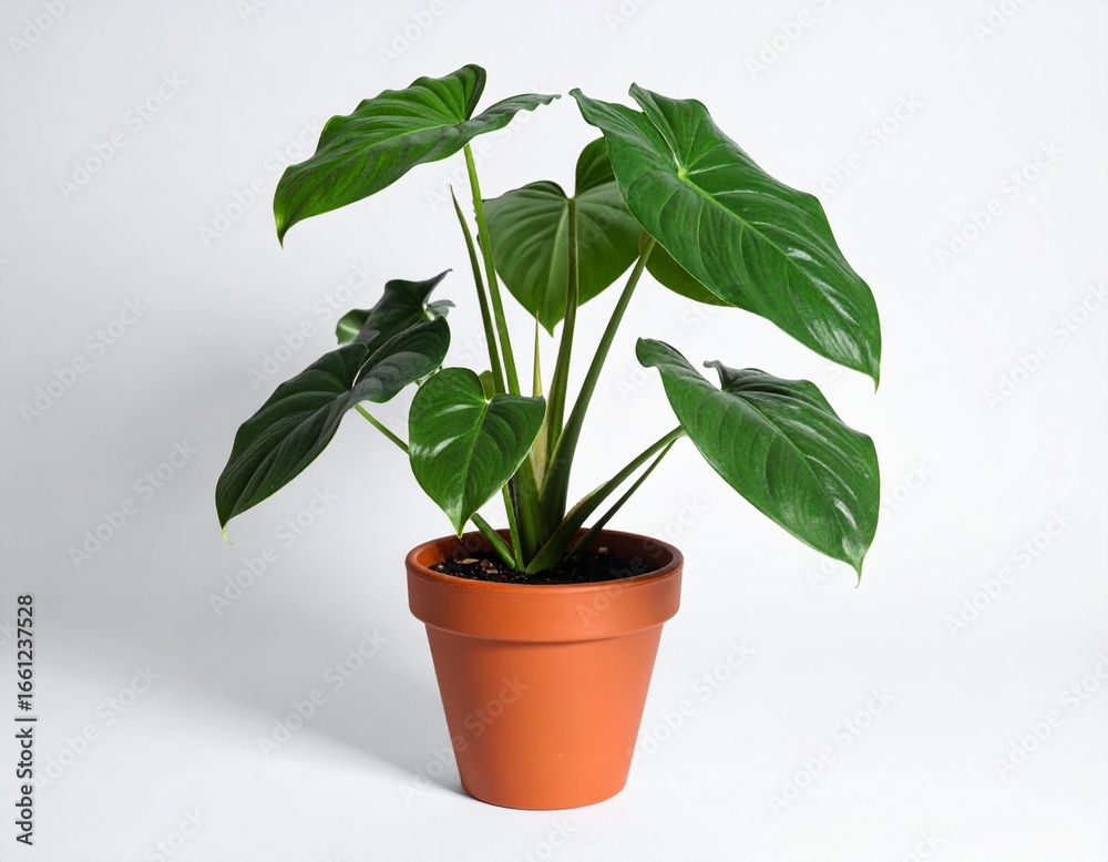 Fototapeta premium A Philodendron plant with wide dark-green leaves displayed in a reddish-brown clay pot