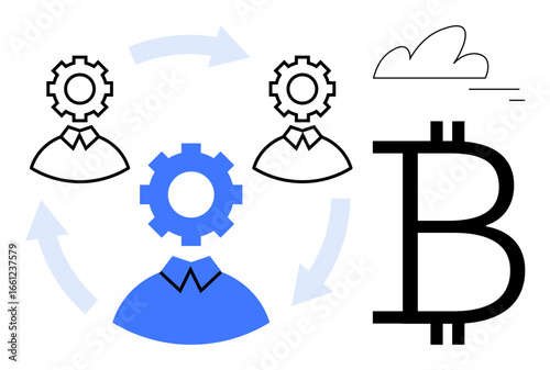 Team members connected with cog icons in a circular workflow, highlighting blockchain, cryptocurrency, and teamwork. Ideal for fintech, decentralized systems, collaboration, networking, digital
