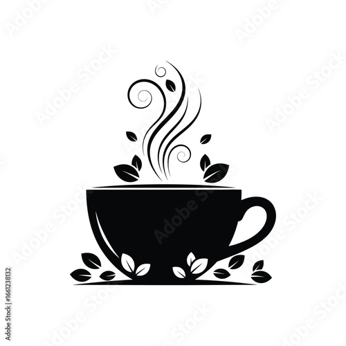 Cup of hot herbal tea with steam and leaves isolated on white background, vector illustration for cafe menu or relaxation