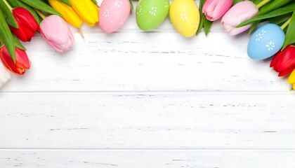 Colorful Easter eggs and tulips border on wood