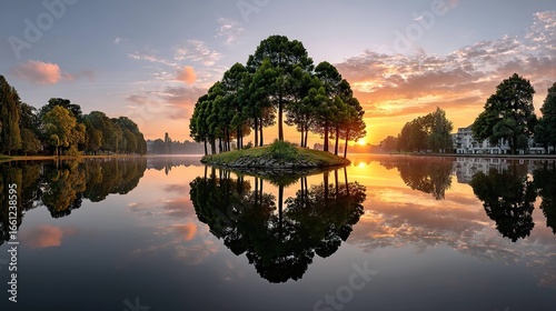 Serene sunrise over lake with island of trees