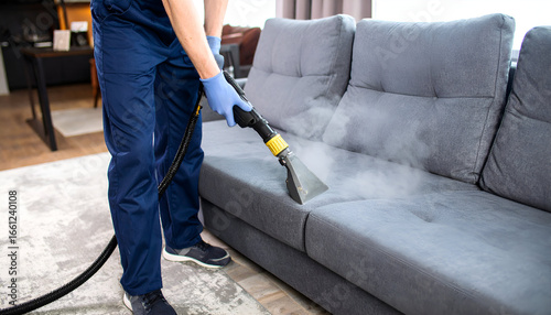 Professional Cleaner Using Steam Cleaner On Gray Couch In Bright Living Room