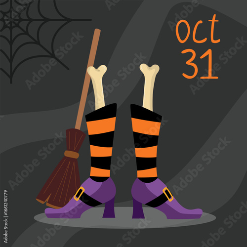 Halloween baner with witch boots and striped socks, bones, broom, spider web. For invitations, cards, posters and party decor.