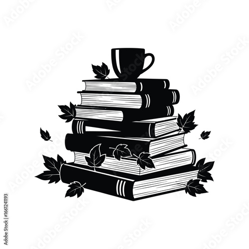 A cozy stack of books with a cup and autumn leaves, isolated on white background, perfect for a relaxing fall reading session