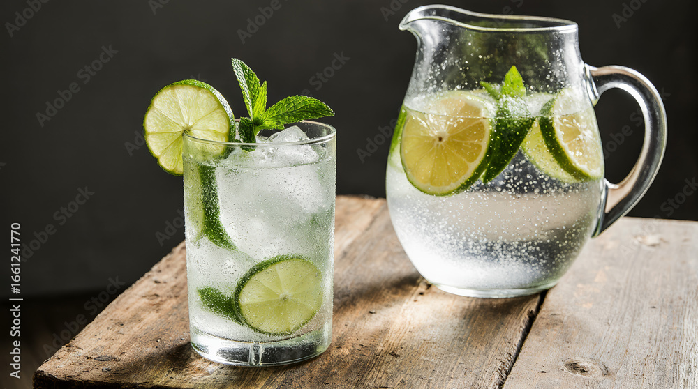 Fototapeta premium Refreshing homemade lime and mint drink served in glass and pitcher on rustic wooden table, chilled with ice, vibrant, fresh, and thirst-quenching. AI generated.