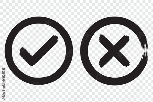 Vector set of check marks and cross marks in hand drawn brush style. Check tick mark icon set. Cross box x check mark checkbox v list vector draw hand drawn sketch doodle brush. eps 10