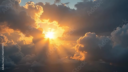 Golden sunbeams pierce dramatic storm clouds creating a breathtaking, ethereal sky vista
