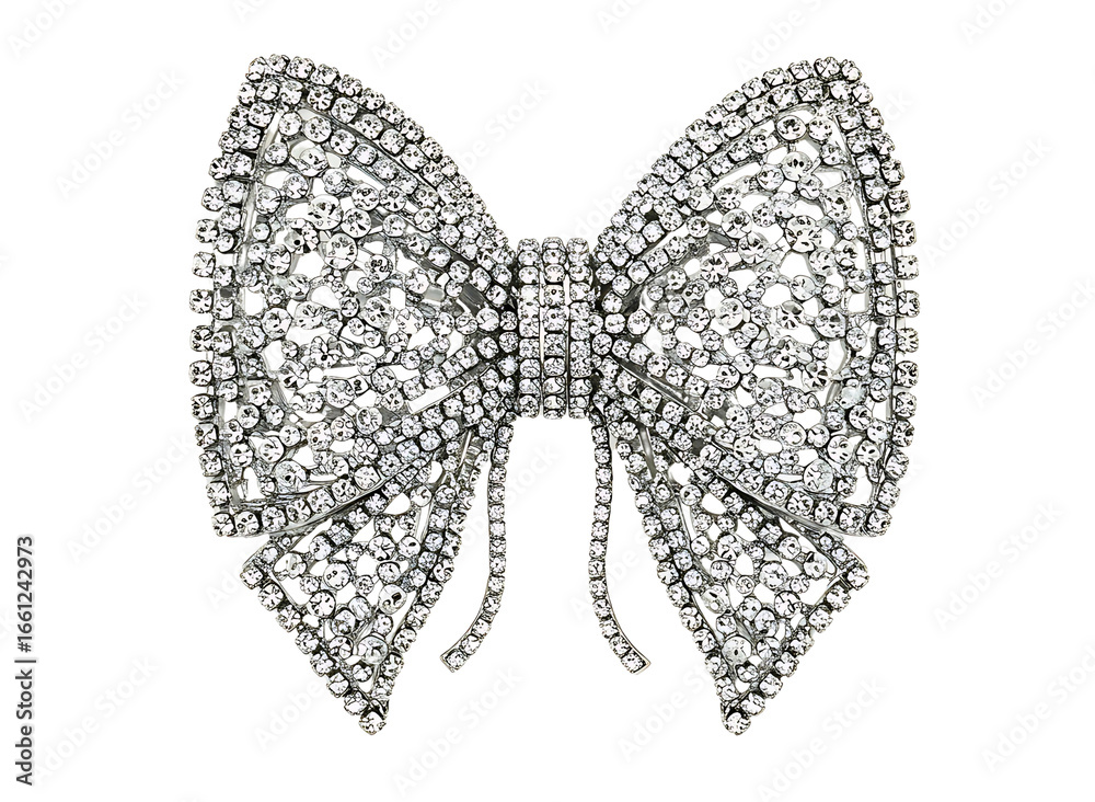 Fototapeta premium Sparkling silver glitter bow with ribbon tails isolated on transparent background