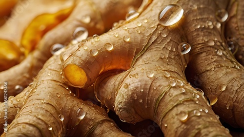 Close up of fresh ginger root covered in water droplets creating a refreshing and healthy scene