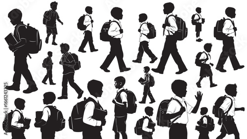 black silhouette of school kid boy with backpack, going to school vector illustration, back to school character set, School boy silhouette with backpack, Kids walking to school