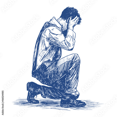 Crouching Man Holding Head in Despair, Anxiety, and Stress