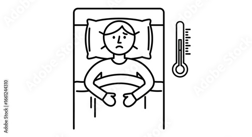 Ill Person Lying in Bed with Thermometer.
