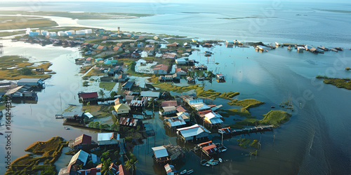 Climate Change Impact: Flooded Coastal Village Aerial