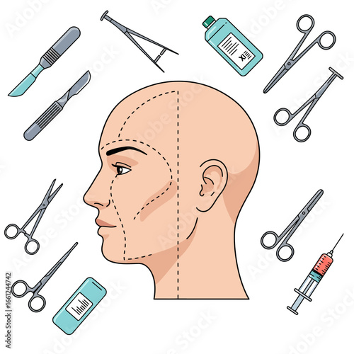 Bald Head Profile with Planned Cosmetic Surgery Markings.