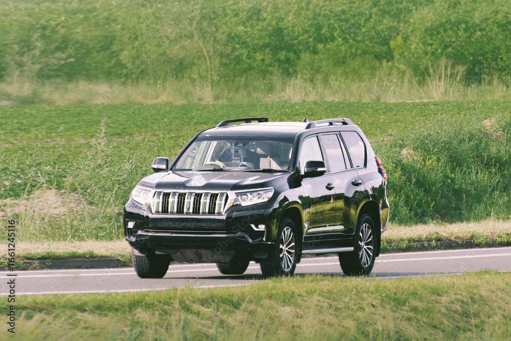 Fototapeta premium Body on frame truck driving along an asphalt road, surrounded by lush green grass and towering trees