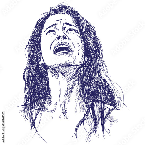Emotional Blue Ink Crying Woman Vector for Dramatic Art Prints
