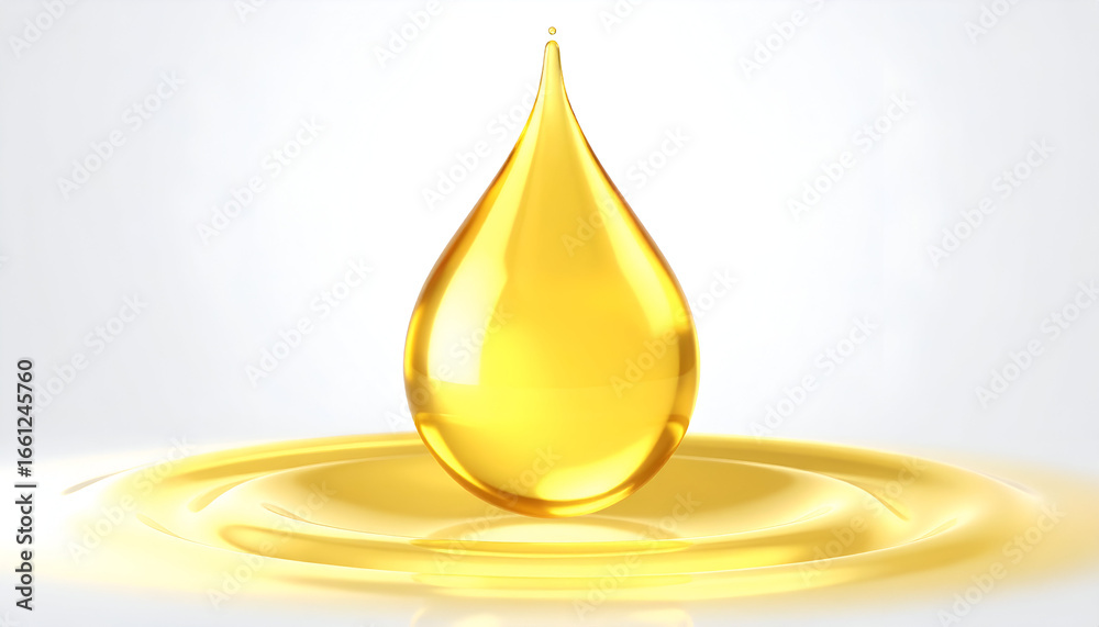 Fototapeta premium Single Yellow Liquid Drop Splashing on Surface with Soft Reflections and Bright Background