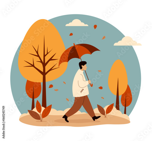 Autumn young Man with umbrella walking under falling leaves in fall park. Autumnal landscape with colorful trees. Vector illustration. Not AI
