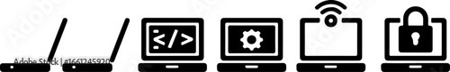 Black and white illustration showing the evolution of a laptop with various functions added on screen