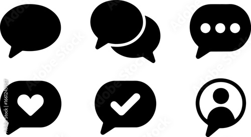 Collection of black speech bubble icons with different symbols on a white background