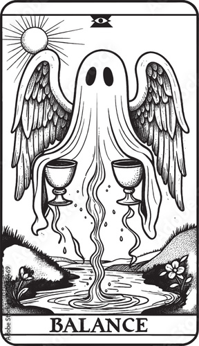 Balance tarot card features a smiling ghost with wings and two cups, standing in water with sun and moon above, representing harmony in a symbolic black and white design
