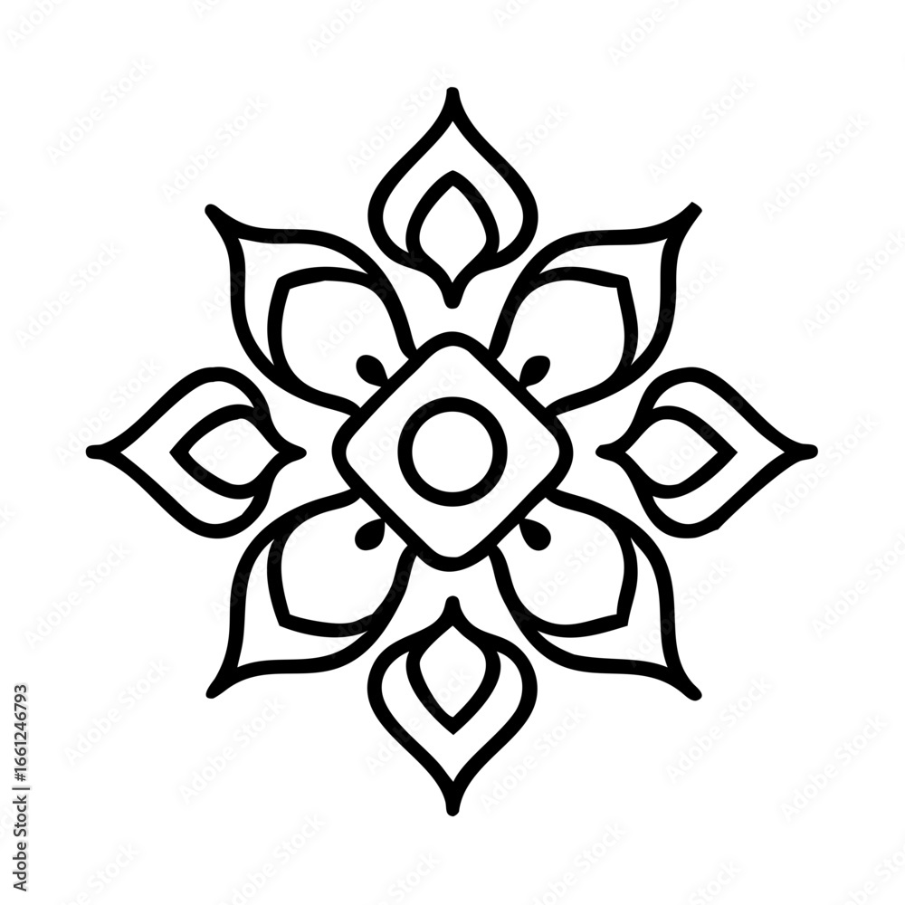 Rangoli pattern design in black outline with floral elements Rangoli pattern design in black outline with floral elements