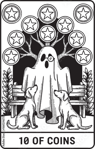 A happy ghost stands under a coin tree with two dogs at its side, representing legacy and prosperity in the symbolic black and white 10 of Coins tarot card illustration