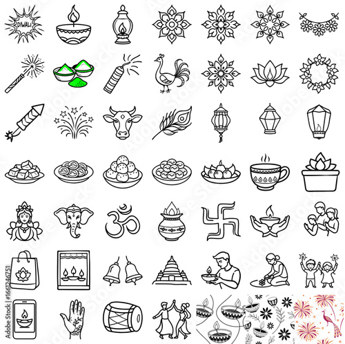 Icon set for Diwali celebration on transparent background  