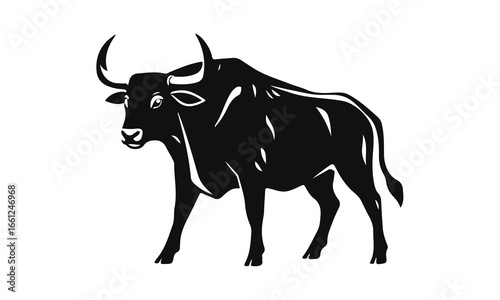 Strong bull silhouette illustration, black and white vector art, wild animal drawing, aggressive power symbol