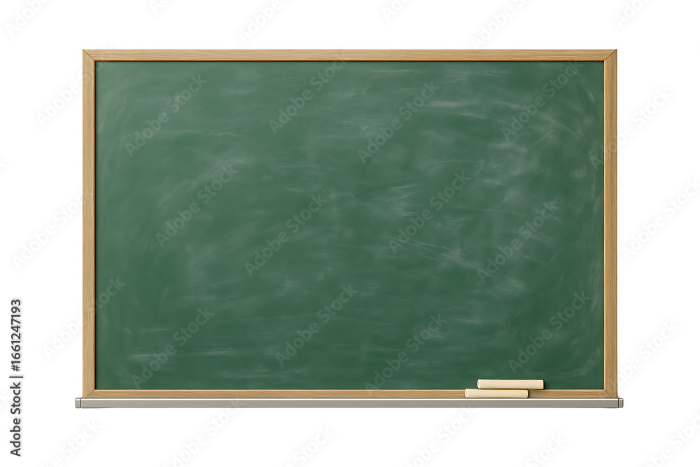 Fototapeta premium a school classroom green blackboard with a wooden frame and white chalk pieces isolated on a transparent background