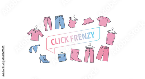 A promotional banner for a 'Click Frenzy' sale, featuring hand-drawn illustrations of clothing, shoes, and accessories.