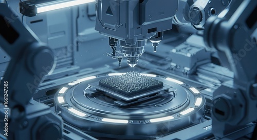 Zero-gravity manufacturing hub producing advanced materials using autonomous AI robotics, 3D micro-printing, and energy-optimized vacuum processes