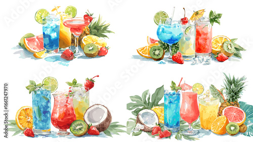 Vibrant watercolor illustration of tropical cocktails with fruits like orange, kiwi, coconut, and pineapple for summer and beach party design.